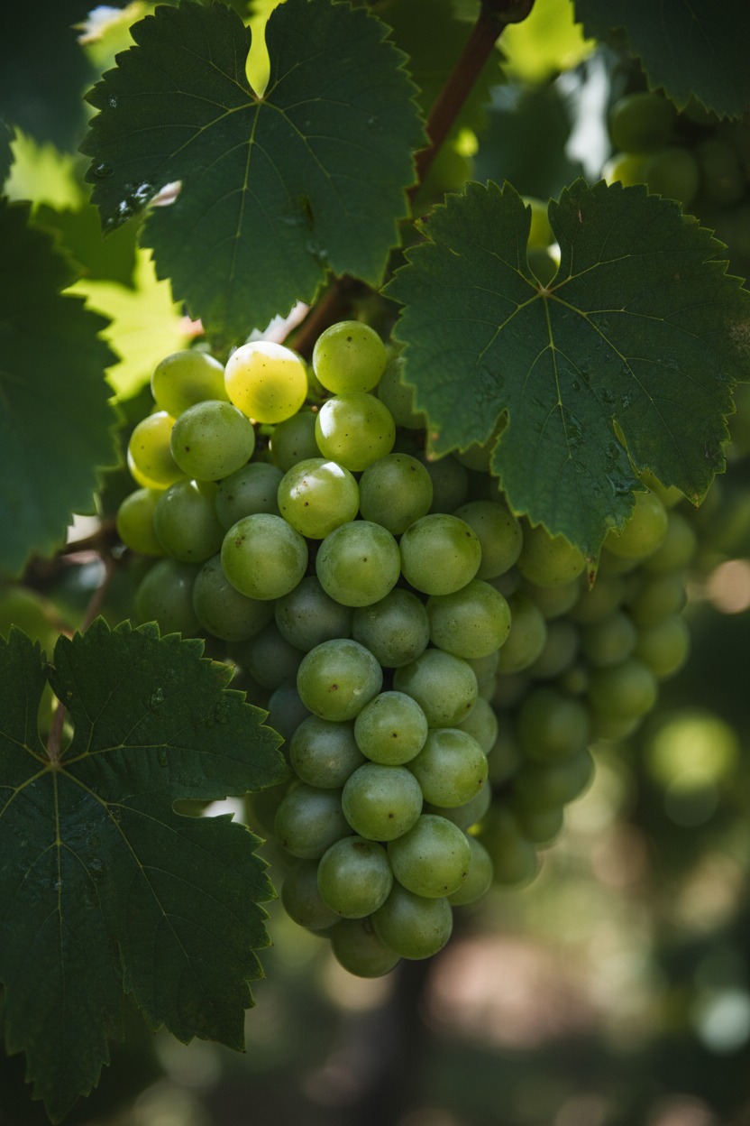 A large cluster of ripe green grapes hangs on a vine among large green leaves.