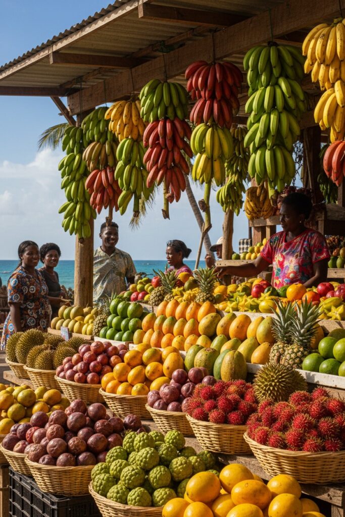 A fruit market stall by the sea displays an abundance of hanging bananas, pineapples, durians, and baskets filled with oranges, mangosteen, and rambutan, while vendors and customers stand nearby.